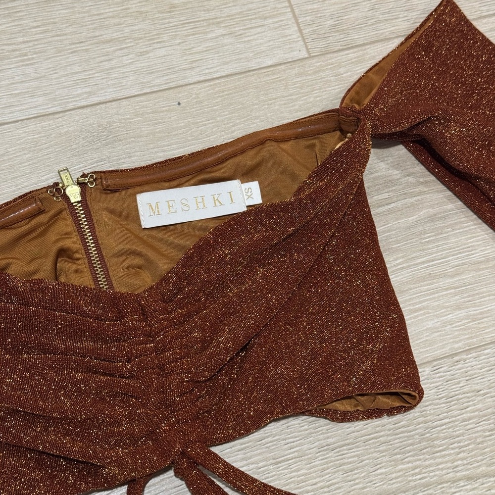 LIKE NEW Meshki Brown Glitter Off-Shoulder Crop Top